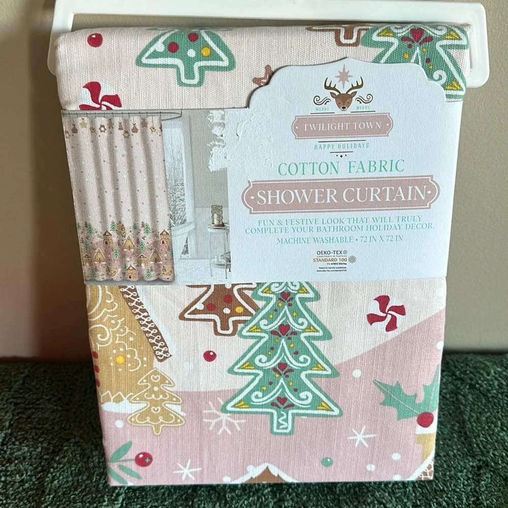 COPY - Twilight Town cotton Fabric Shower Curtain Pink Gingerbread House NEW